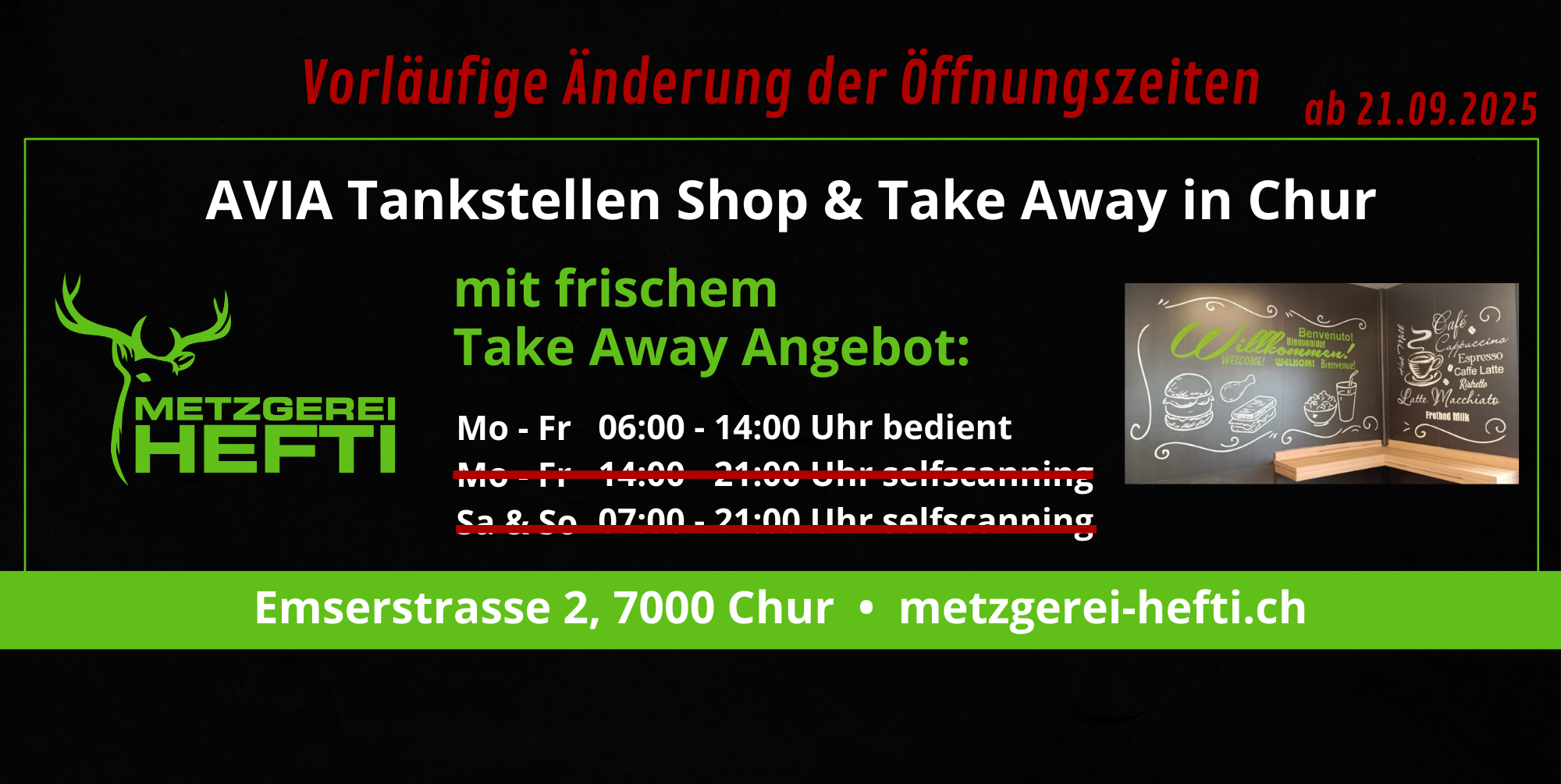 Öffnungszeiten ÄNDERUNG Metzgerei Hefti Emserstrasse Chur AVIA Tankstelle Shop Take Away
