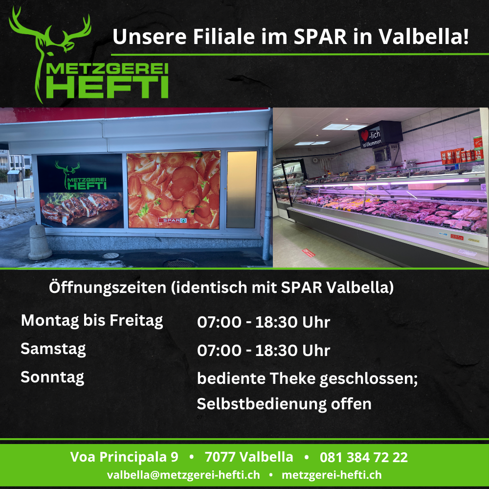 2026 Öffnungszeiten Valbella bis Ostern Metzgerei Hefti